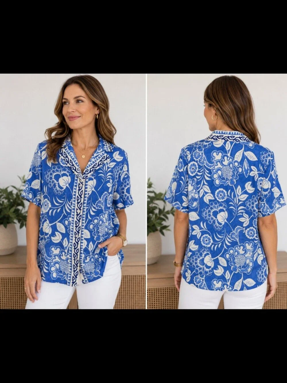 J.McLaughlin Silk Blend Floral Button Front Notched Collar Resort Blouse Size M - Picture 11 of 11